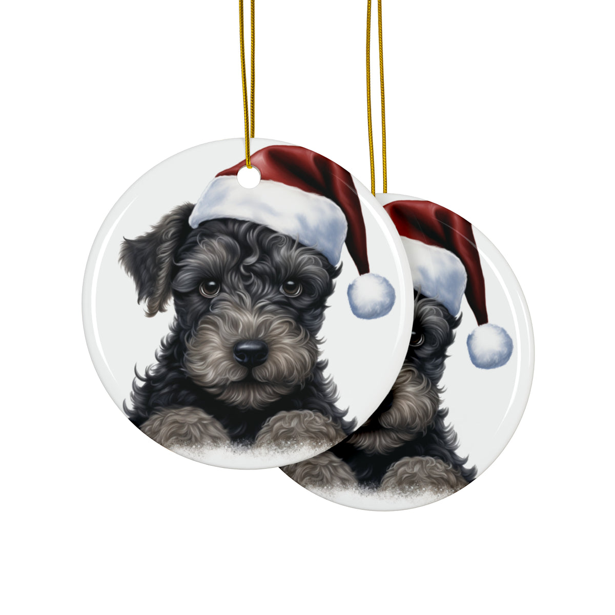 Hanging Ceramic Christmas Tree Ornament with Gold String - Kerry Blue Terrier Puppy Drawing Design, view 2