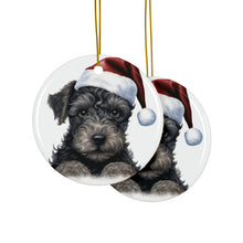 DistinctInk Hanging Ceramic Christmas Tree Ornament with Gold String - Great Gift/Present - 2 3/4 inch Diameter - Kerry Blue Terrier Puppy Drawing Design
