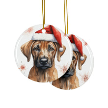 DistinctInk Hanging Ceramic Christmas Tree Ornament with Gold String - Great Gift/Present - 2 3/4 inch Diameter - Rhodesian Ridgeback Puppy Drawing Design