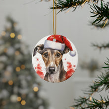DistinctInk Hanging Ceramic Christmas Tree Ornament with Gold String - Great Gift/Present - 2 3/4 inch Diameter - Greyhound Puppy Drawing Design