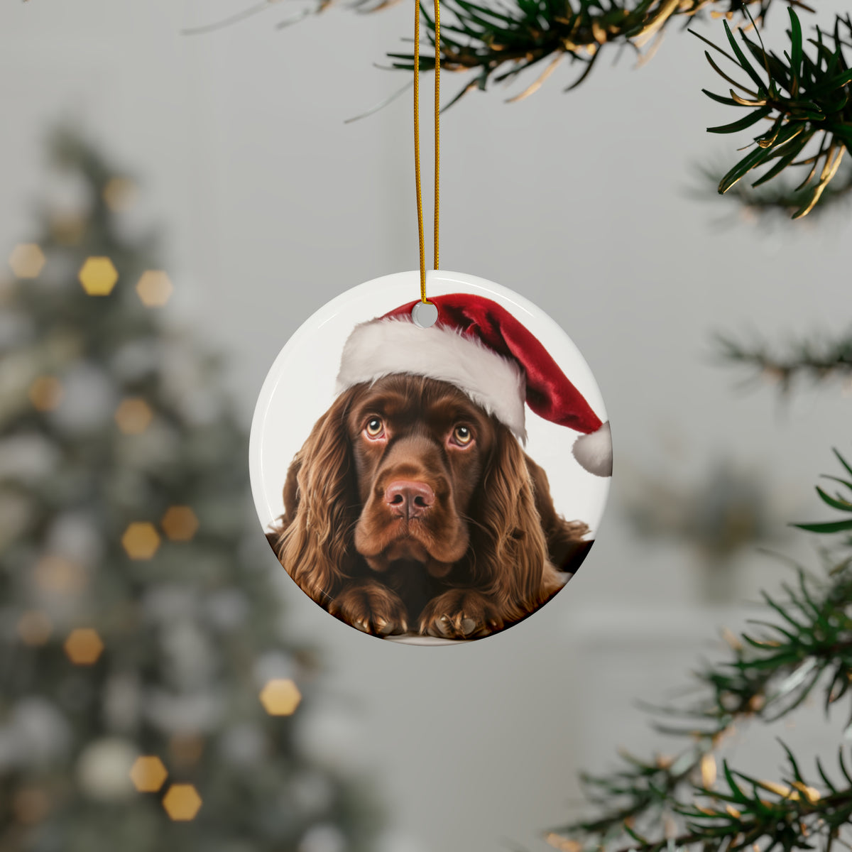 Hanging Ceramic Christmas Tree Ornament with Gold String - Sussex Spaniel Design, view 3