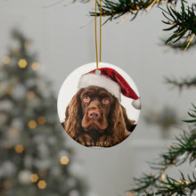 DistinctInk Hanging Ceramic Christmas Tree Ornament with Gold String - Great Gift/Present - 2 3/4 inch Diameter - Sussex Spaniel Design