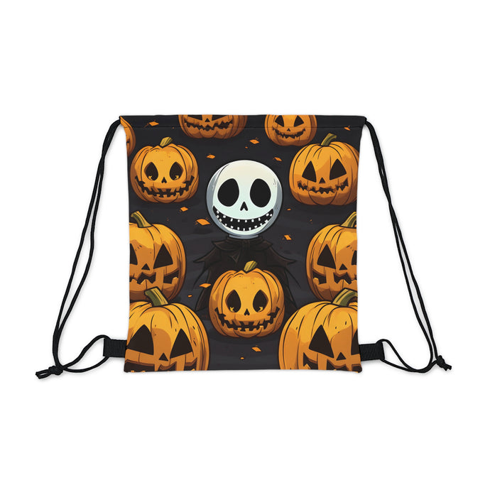 DistinctInk Drawstring Bag / Backpack with Ghastly Skeleton Pumpkins Design for Halloween