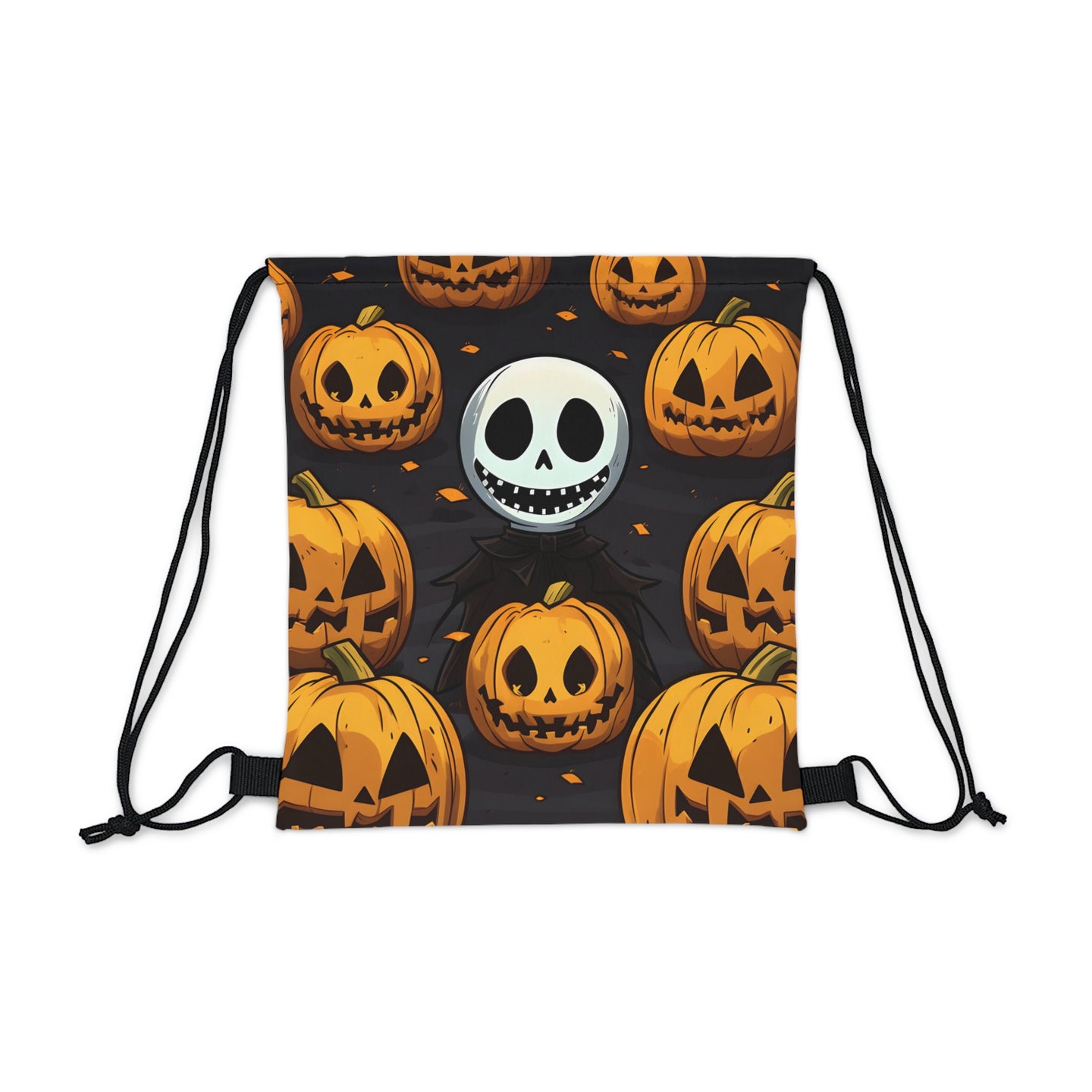 DistinctInk Drawstring Bag / Backpack with Ghastly Skeleton Pumpkins Design for Halloween