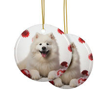 DistinctInk Hanging Ceramic Christmas Tree Ornament with Gold String - Great Gift/Present - 2 3/4 inch Diameter - Samoyed Design