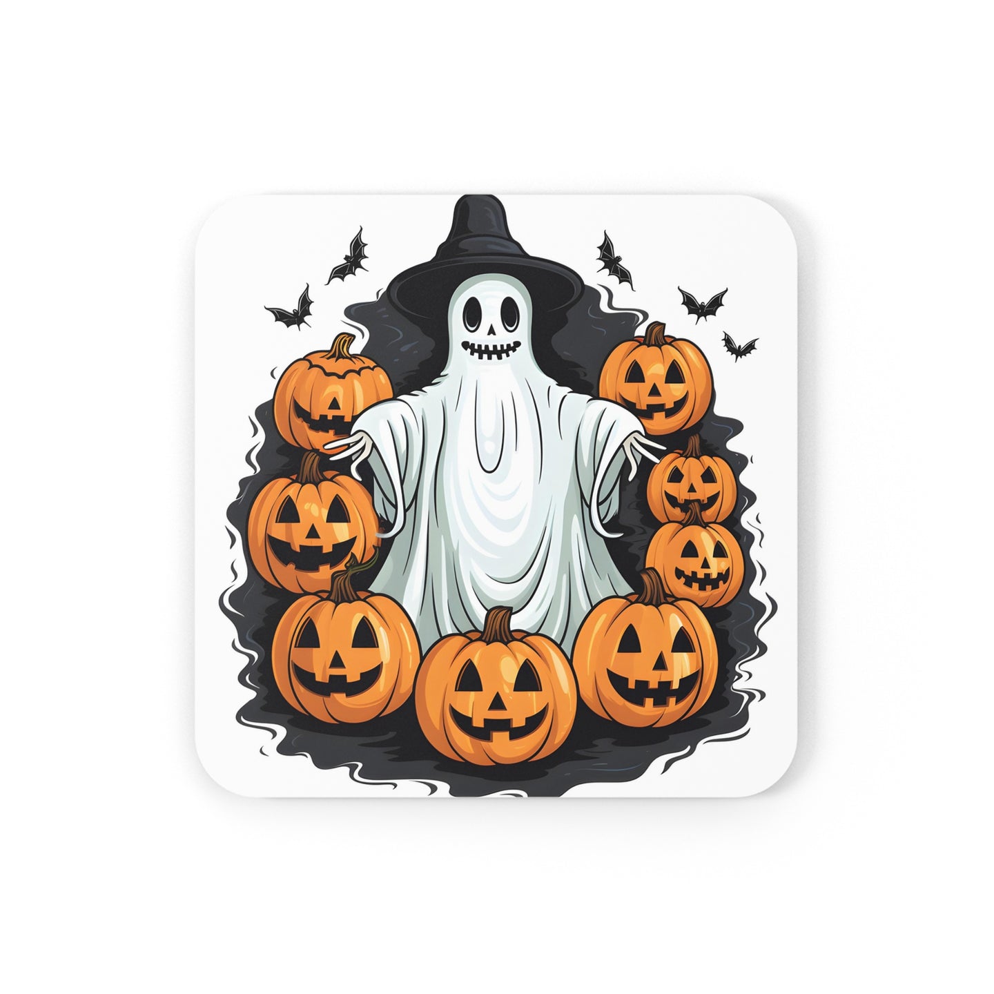 DistinctInk (Set of 4) Corkwood Coasters with Ghost Skeleton Pumpkins PatternDesign for Halloween