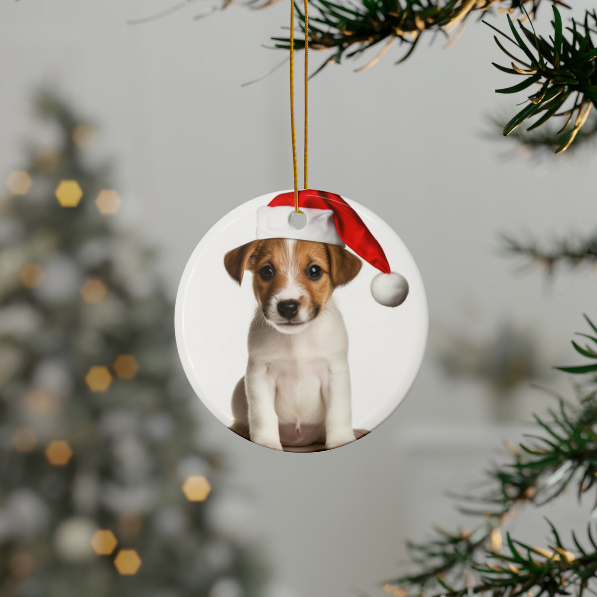 Hanging Ceramic Christmas Tree Ornament with Gold String - Parson Russell Terrier Puppy Design, view 3