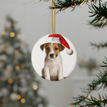 DistinctInk Hanging Ceramic Christmas Tree Ornament with Gold String - Great Gift/Present - 2 3/4 inch Diameter - Parson Russell Terrier Puppy Design