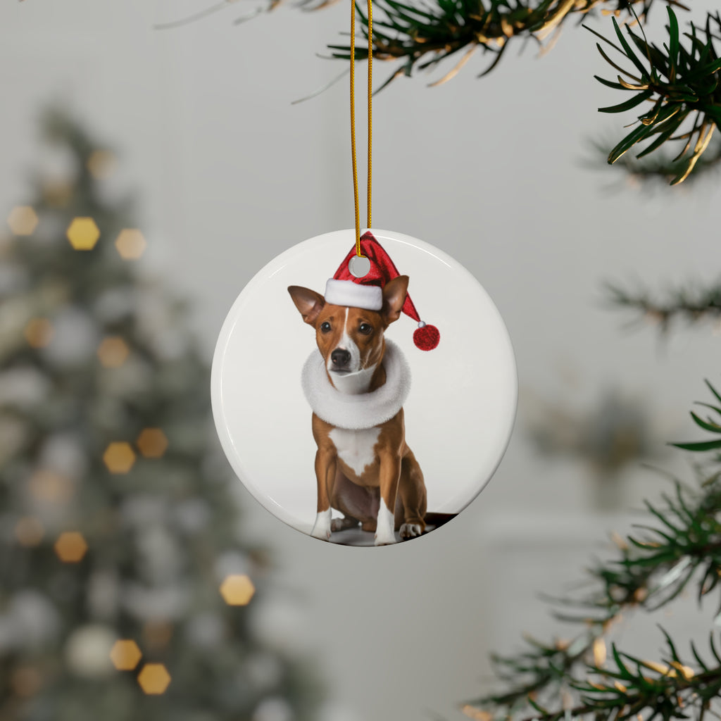 Hanging Ceramic Christmas Tree Ornament with Gold String - Basenji Design, view 3
