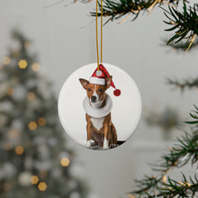 DistinctInk Hanging Ceramic Christmas Tree Ornament with Gold String - Great Gift/Present - 2 3/4 inch Diameter - Basenji Design