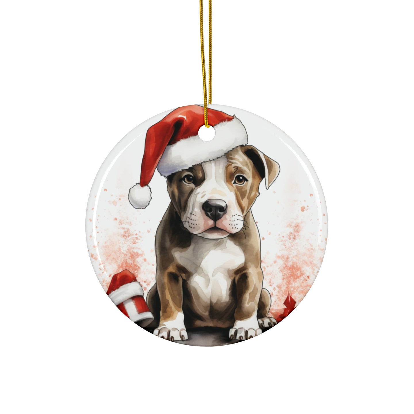 DistinctInk Hanging Ceramic Christmas Tree Ornament with Gold String - Great Gift/Present - 2 3/4 inch Diameter - American Staffordshire Terrier Puppy Drawing Design