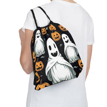 DistinctInk Drawstring Bag / Backpack with Skelepumpkin Ghostpattern Design for Halloween