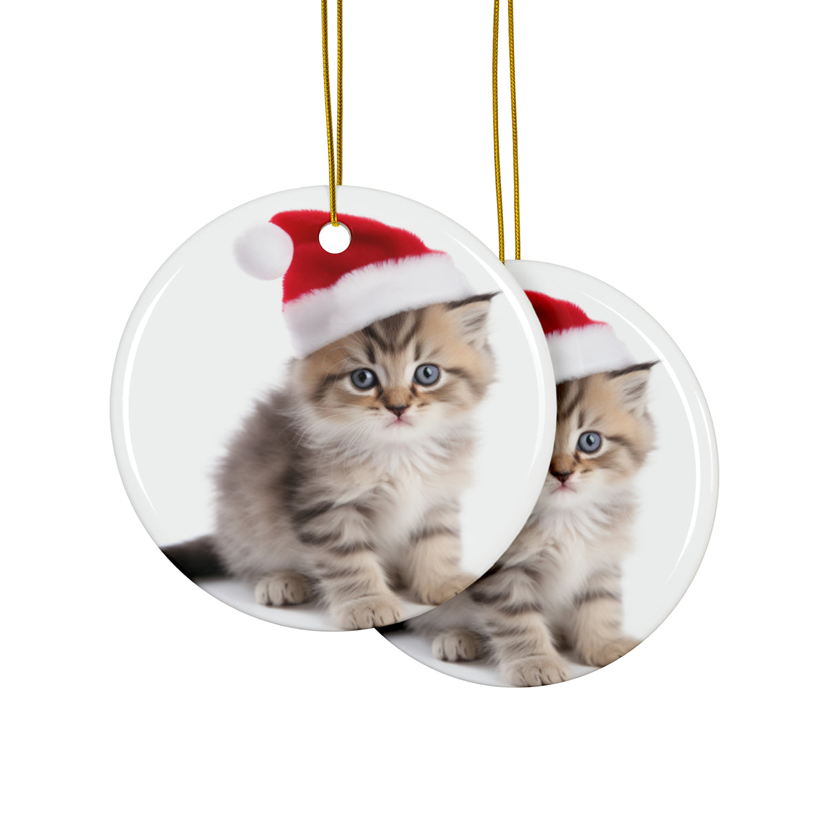 Hanging Ceramic Christmas Tree Ornament with Gold String - Ragamuffin Kitten Design, view 2