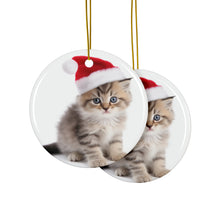 DistinctInk Hanging Ceramic Christmas Tree Ornament with Gold String - Great Gift/Present - 2 3/4 inch Diameter - Ragamuffin Kitten Design