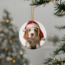 DistinctInk Hanging Ceramic Christmas Tree Ornament with Gold String - Great Gift/Present - 2 3/4 inch Diameter - Clumber Spaniel Puppy Design