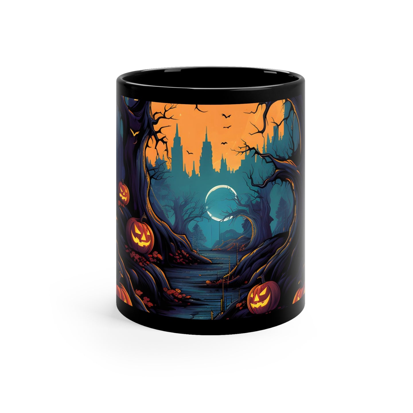 DistinctInk Black Coffee Mug - Haunted Evening Nightmare for Halloween