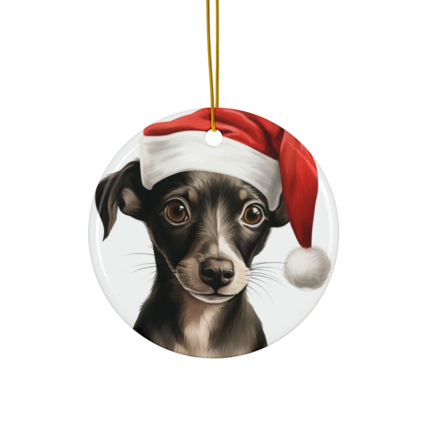 DistinctInk Hanging Ceramic Christmas Tree Ornament with Gold String - Great Gift/Present - 2 3/4 inch Diameter - Italian Greyhound Puppy Drawing Design