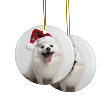 DistinctInk Hanging Ceramic Christmas Tree Ornament with Gold String - Great Gift/Present - 2 3/4 inch Diameter - American Eskimo Dog Design