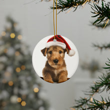 DistinctInk Hanging Ceramic Christmas Tree Ornament with Gold String - Great Gift/Present - 2 3/4 inch Diameter - Lakeland Terrier Puppy Design