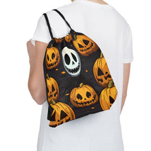 DistinctInk Drawstring Bag / Backpack with Ghastly Skeleton Pumpkins Design for Halloween