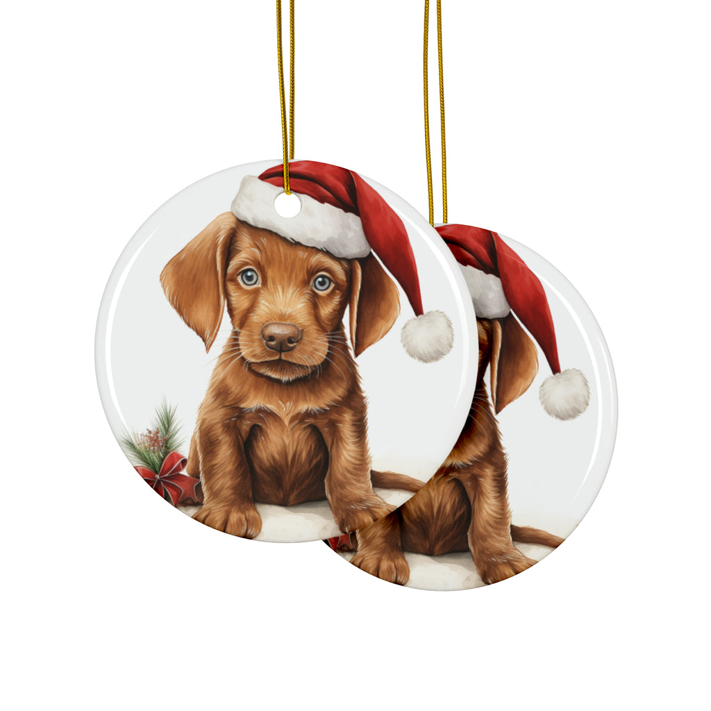 Hanging Ceramic Christmas Tree Ornament with Gold String - Wirehaired Vizsla Puppy Drawing Design, view 2