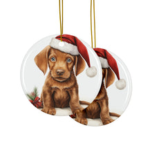 DistinctInk Hanging Ceramic Christmas Tree Ornament with Gold String - Great Gift/Present - 2 3/4 inch Diameter - Wirehaired Vizsla Puppy Drawing Design