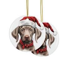 DistinctInk Hanging Ceramic Christmas Tree Ornament with Gold String - Great Gift/Present - 2 3/4 inch Diameter - Weimaraner Puppy Drawing Design