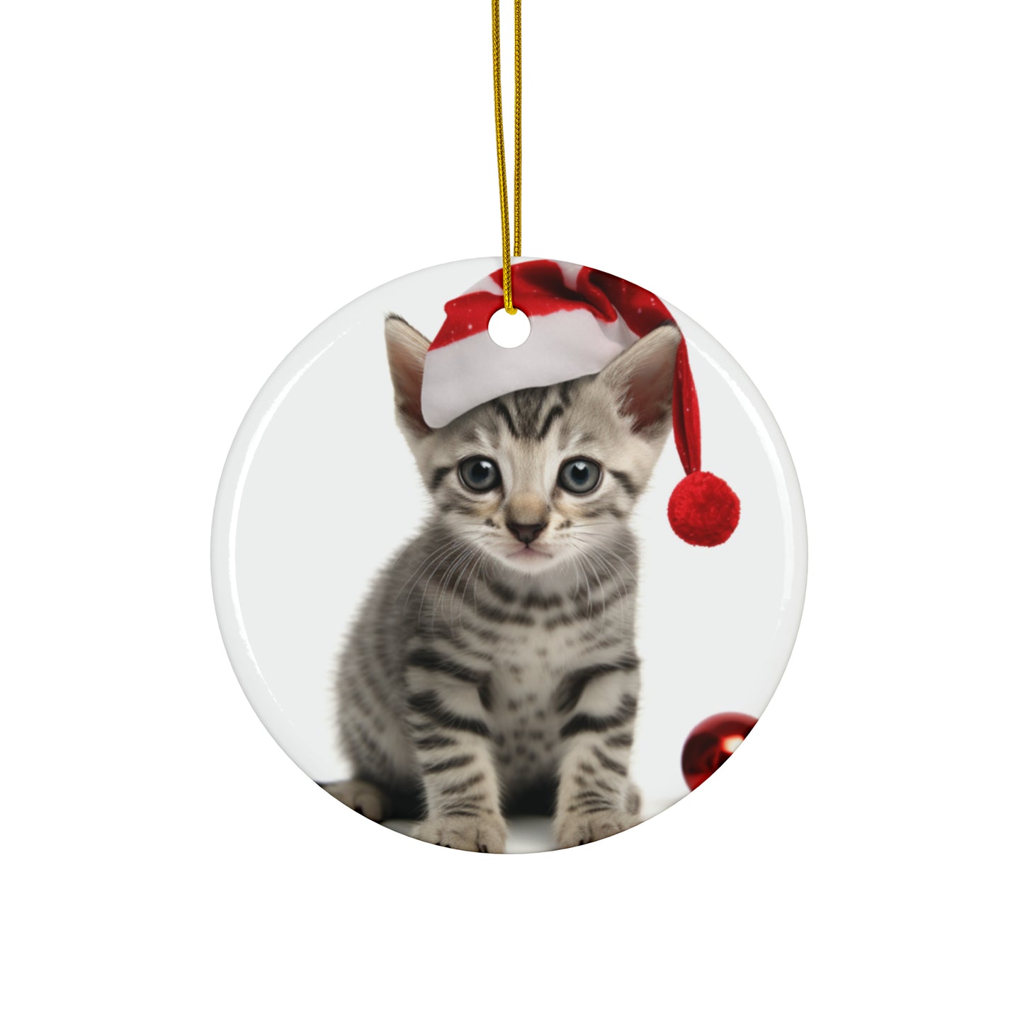 DistinctInk Hanging Ceramic Christmas Tree Ornament with Gold String - Great Gift/Present - 2 3/4 inch Diameter - Egyptian Mau Kitten Design