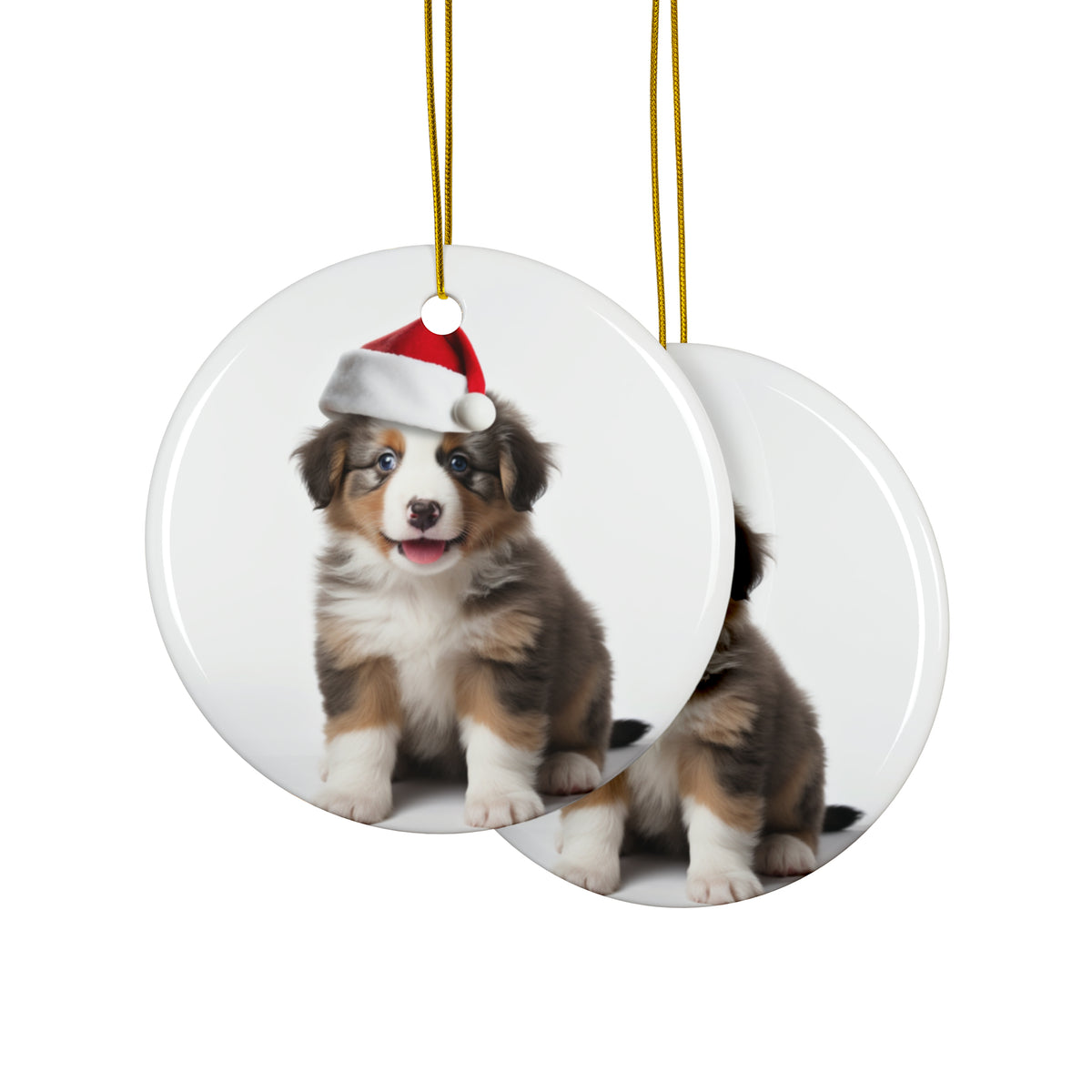Hanging Ceramic Christmas Tree Ornament with Gold String - Australian Shepherd Puppy Design, view 2
