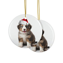 DistinctInk Hanging Ceramic Christmas Tree Ornament with Gold String - Great Gift/Present - 2 3/4 inch Diameter - Australian Shepherd Puppy Design