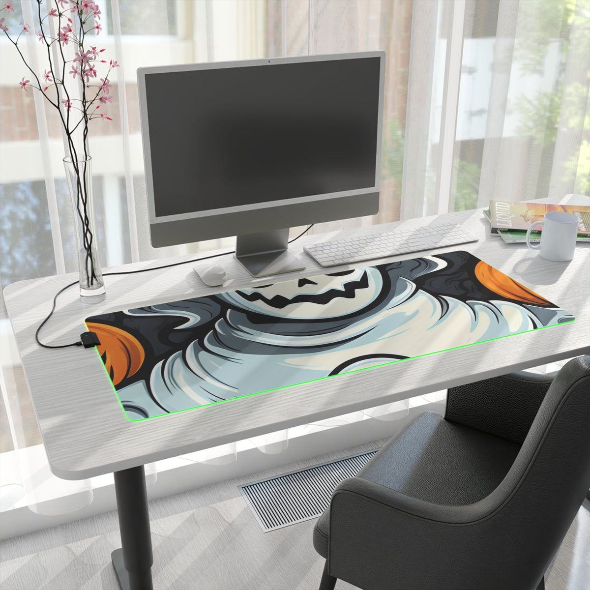 LED Gaming Mouse Pad with Spooky Skeletal Pumpkin Patch Design for Halloween, view 28
