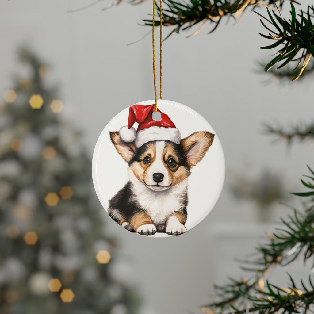 Hanging Ceramic Christmas Tree Ornament with Gold String - Pembroke Welsh Corgi Puppy Drawing Design, view 3
