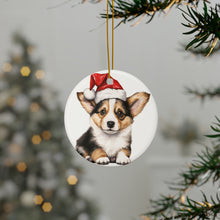 DistinctInk Hanging Ceramic Christmas Tree Ornament with Gold String - Great Gift/Present - 2 3/4 inch Diameter - Pembroke Welsh Corgi Puppy Drawing Design