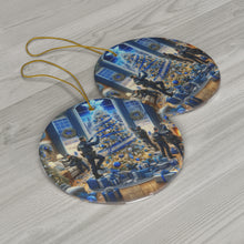 DistinctInk Hanging Ceramic Christmas Tree Ornament Charm with Gold String - Great Gift/Present - 2 3/4 inch Diameter - Blue Christmas Honor - Blue Lives Matter