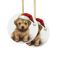 DistinctInk Hanging Ceramic Christmas Tree Ornament with Gold String - Great Gift/Present - 2 3/4 inch Diameter - Norfolk Terrier Puppy Drawing Design