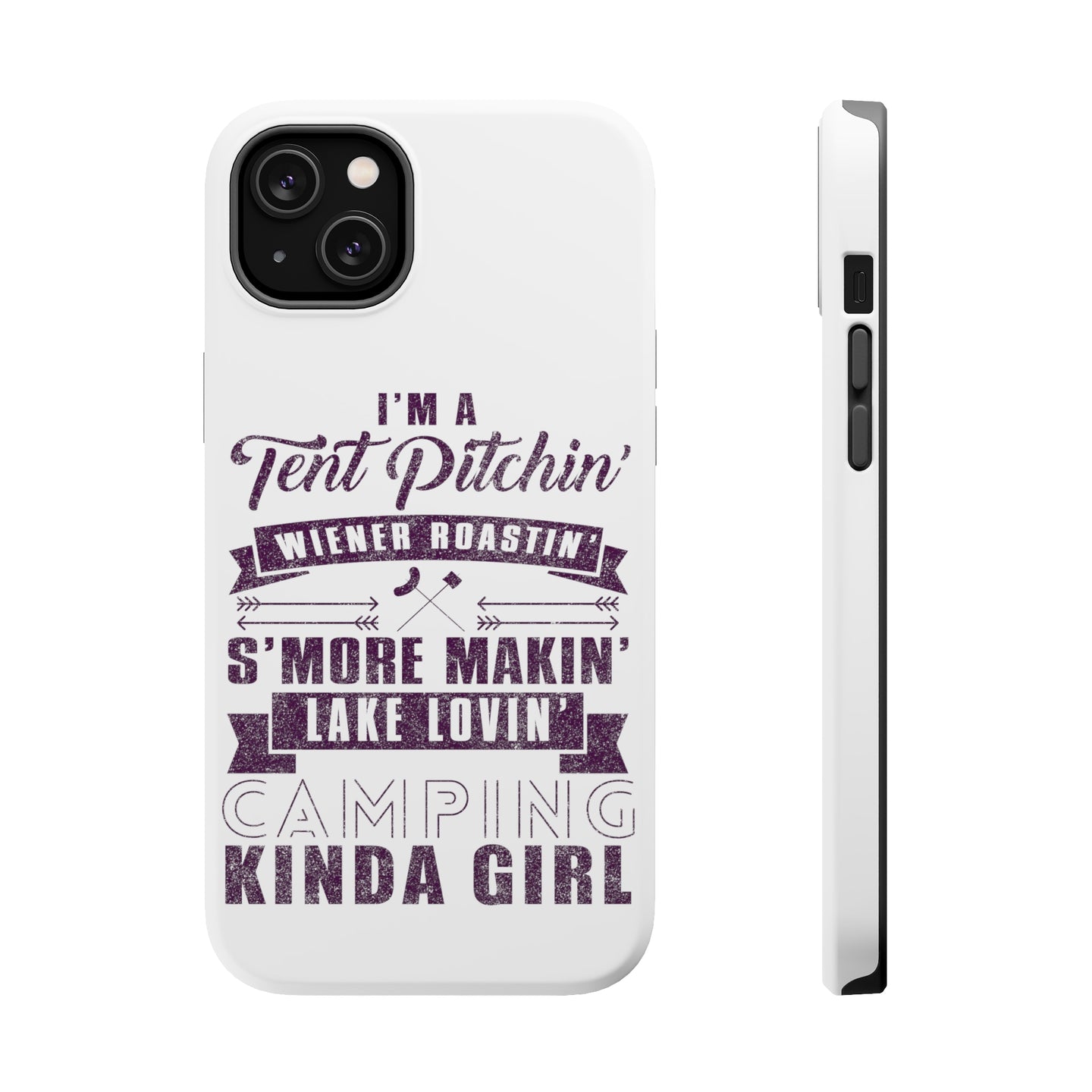DistinctInk ToughCase for Apple iPhone, Compatible with MagSafe Charging - Tent Pitchin Weiner Roastin S'More Camping Girl