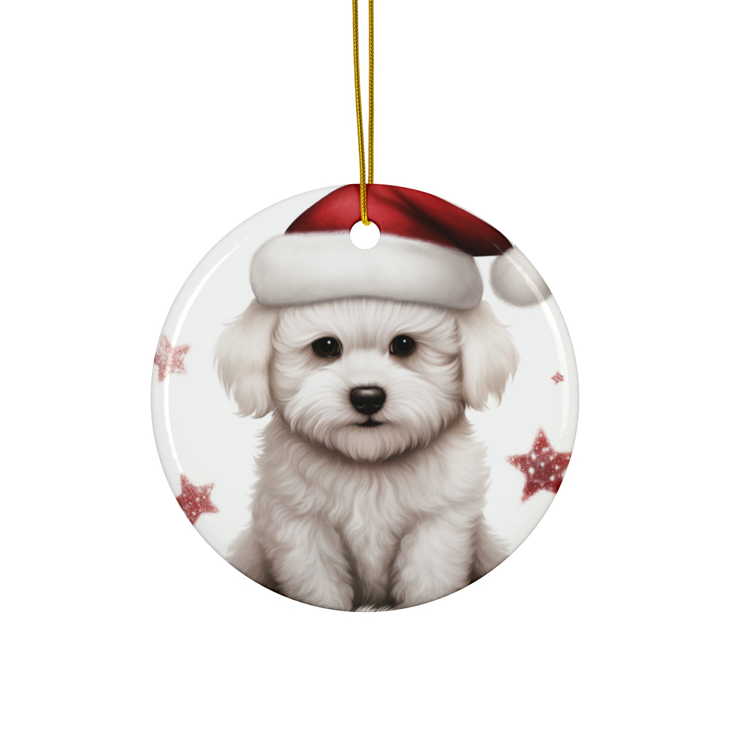 DistinctInk Hanging Ceramic Christmas Tree Ornament with Gold String - Great Gift/Present - 2 3/4 inch Diameter - Bichon Frise Puppy Drawing Design