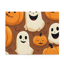 DistinctInk Jigsaw Puzzle with "Boo-ttifull Skeleton Cartoon Pattern Pumpkin" Design for Halloween