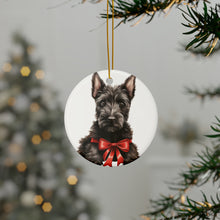 DistinctInk Hanging Ceramic Christmas Tree Ornament with Gold String - Great Gift/Present - 2 3/4 inch Diameter - Scottish Terrier Puppy Drawing Design