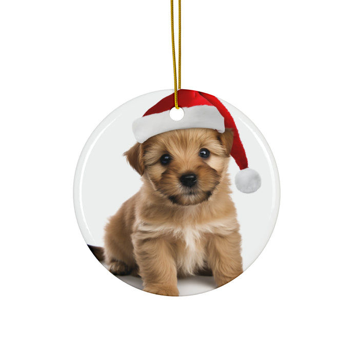 DistinctInk Hanging Ceramic Christmas Tree Ornament with Gold String - Great Gift/Present - 2 3/4 inch Diameter - Norfolk Terrier Puppy Design