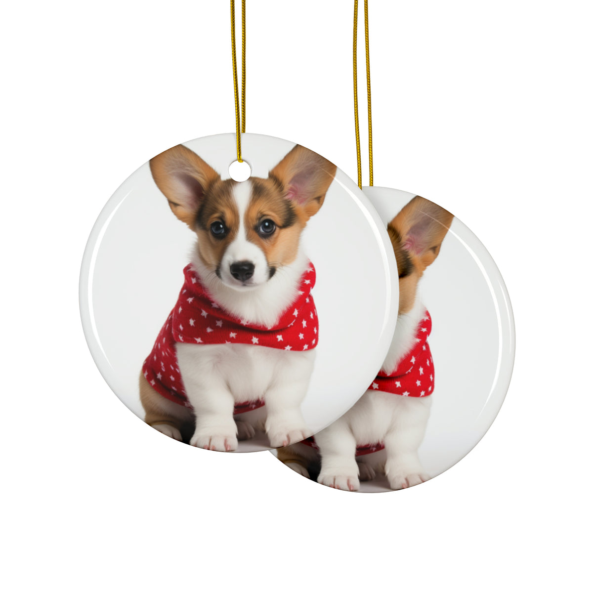 Hanging Ceramic Christmas Tree Ornament with Gold String - Cardigan Welsh Corgi Puppy Design, view 2