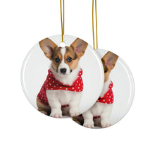 DistinctInk Hanging Ceramic Christmas Tree Ornament with Gold String - Great Gift/Present - 2 3/4 inch Diameter - Cardigan Welsh Corgi Puppy Design