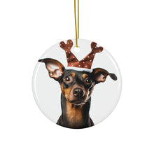 DistinctInk Hanging Ceramic Christmas Tree Ornament with Gold String - Great Gift/Present - 2 3/4 inch Diameter - German Pinscher Design
