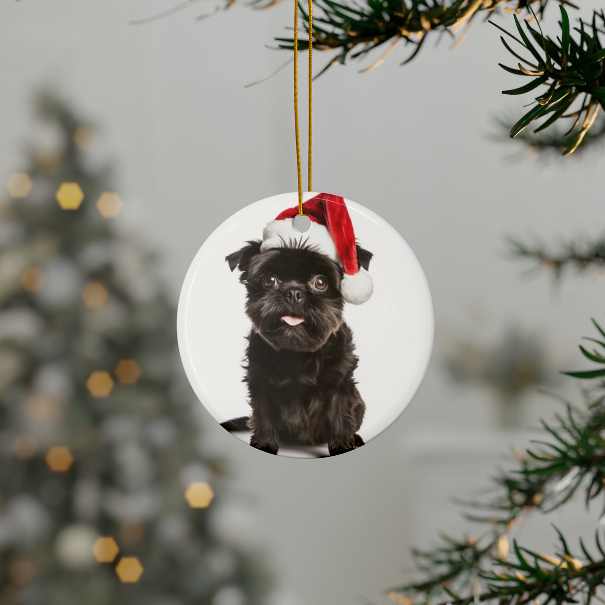 Hanging Ceramic Christmas Tree Ornament with Gold String - Affenpinscher Design, view 3