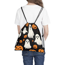 DistinctInk Drawstring Bag / Backpack with Ghost Skeleton Pumpkin Cartoon Design for Halloween