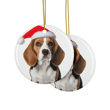 DistinctInk Hanging Ceramic Christmas Tree Ornament with Gold String - Great Gift/Present - 2 3/4 inch Diameter - Beagle Design