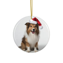 DistinctInk Hanging Ceramic Christmas Tree Ornament with Gold String - Great Gift/Present - 2 3/4 inch Diameter - Shetland Sheepdog Design