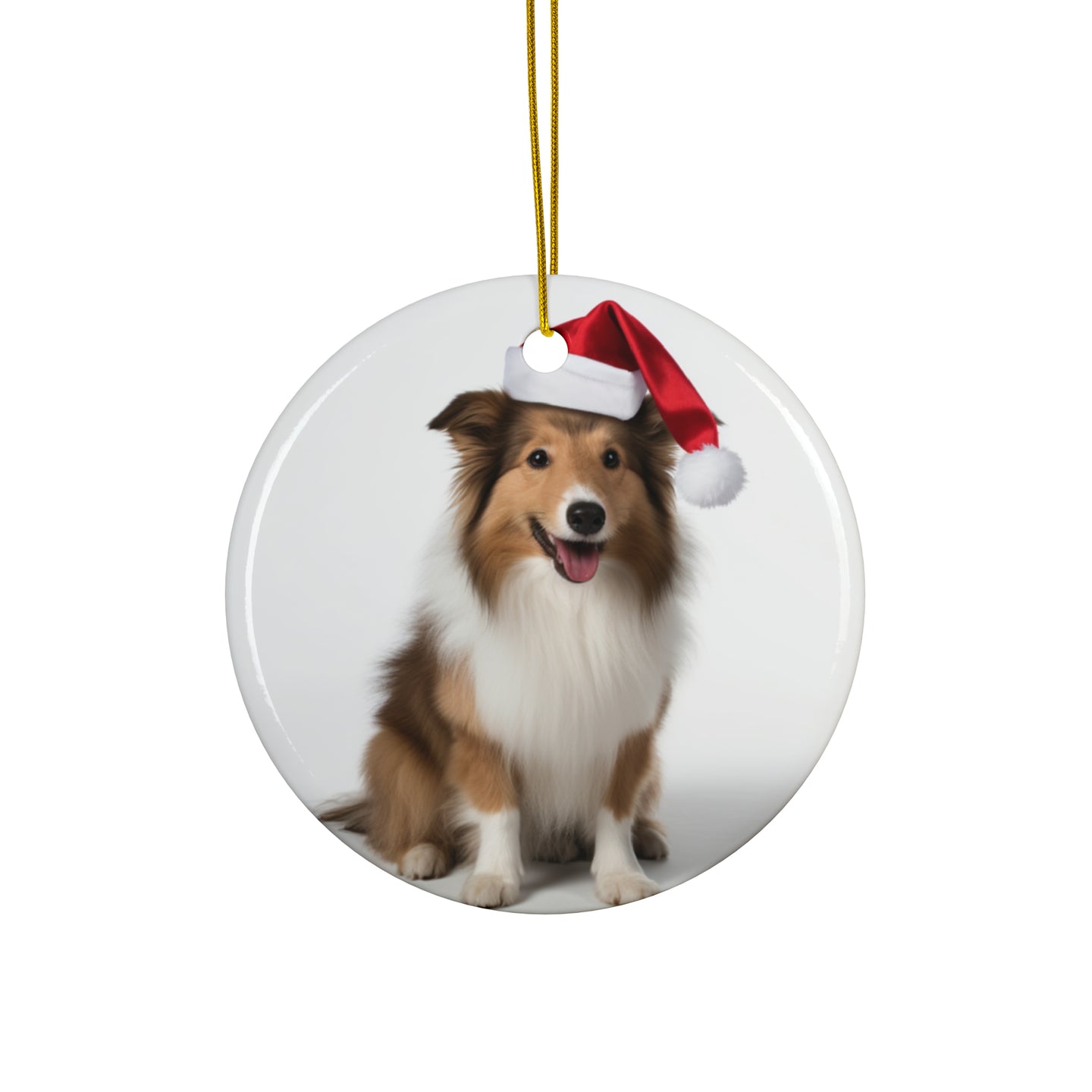 DistinctInk Hanging Ceramic Christmas Tree Ornament with Gold String - Great Gift/Present - 2 3/4 inch Diameter - Shetland Sheepdog Design
