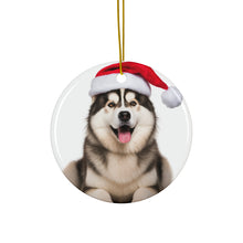DistinctInk Hanging Ceramic Christmas Tree Ornament with Gold String - Great Gift/Present - 2 3/4 inch Diameter - Alaskan Malamute Design