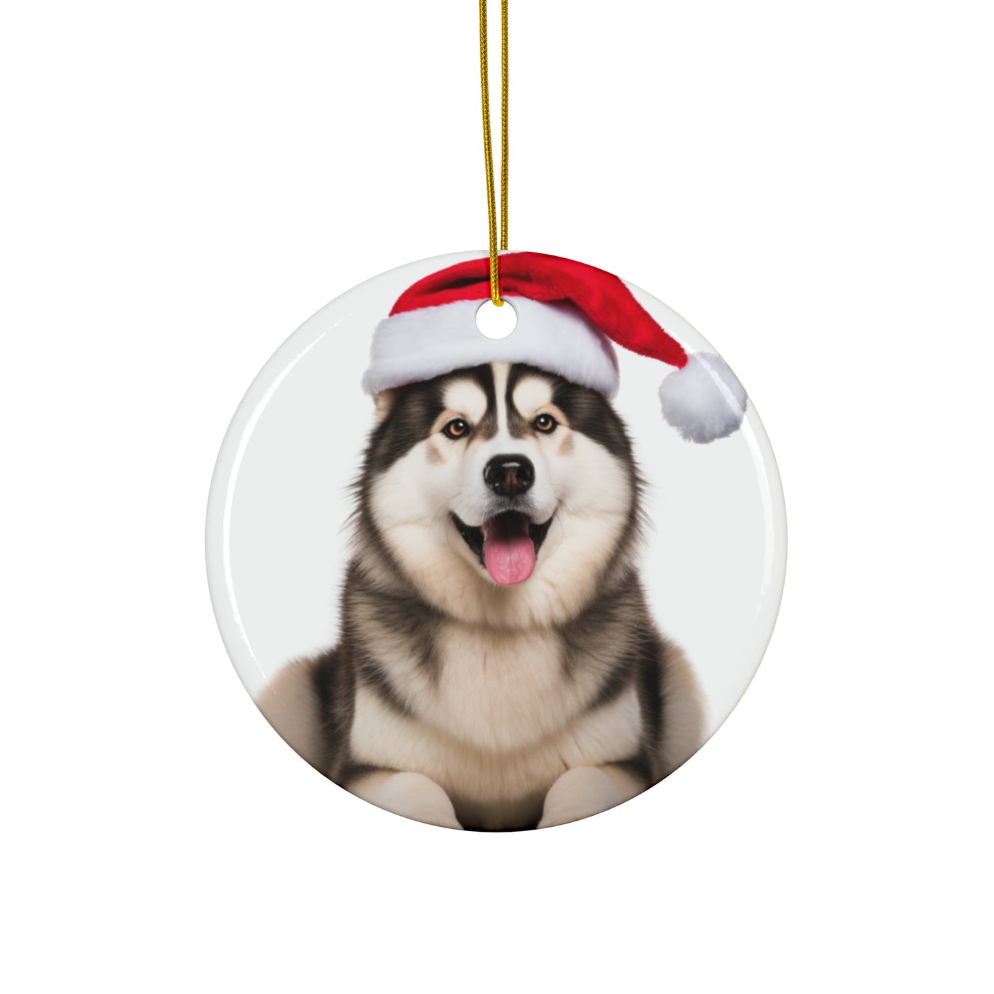 DistinctInk Hanging Ceramic Christmas Tree Ornament with Gold String - Great Gift/Present - 2 3/4 inch Diameter - Alaskan Malamute Design
